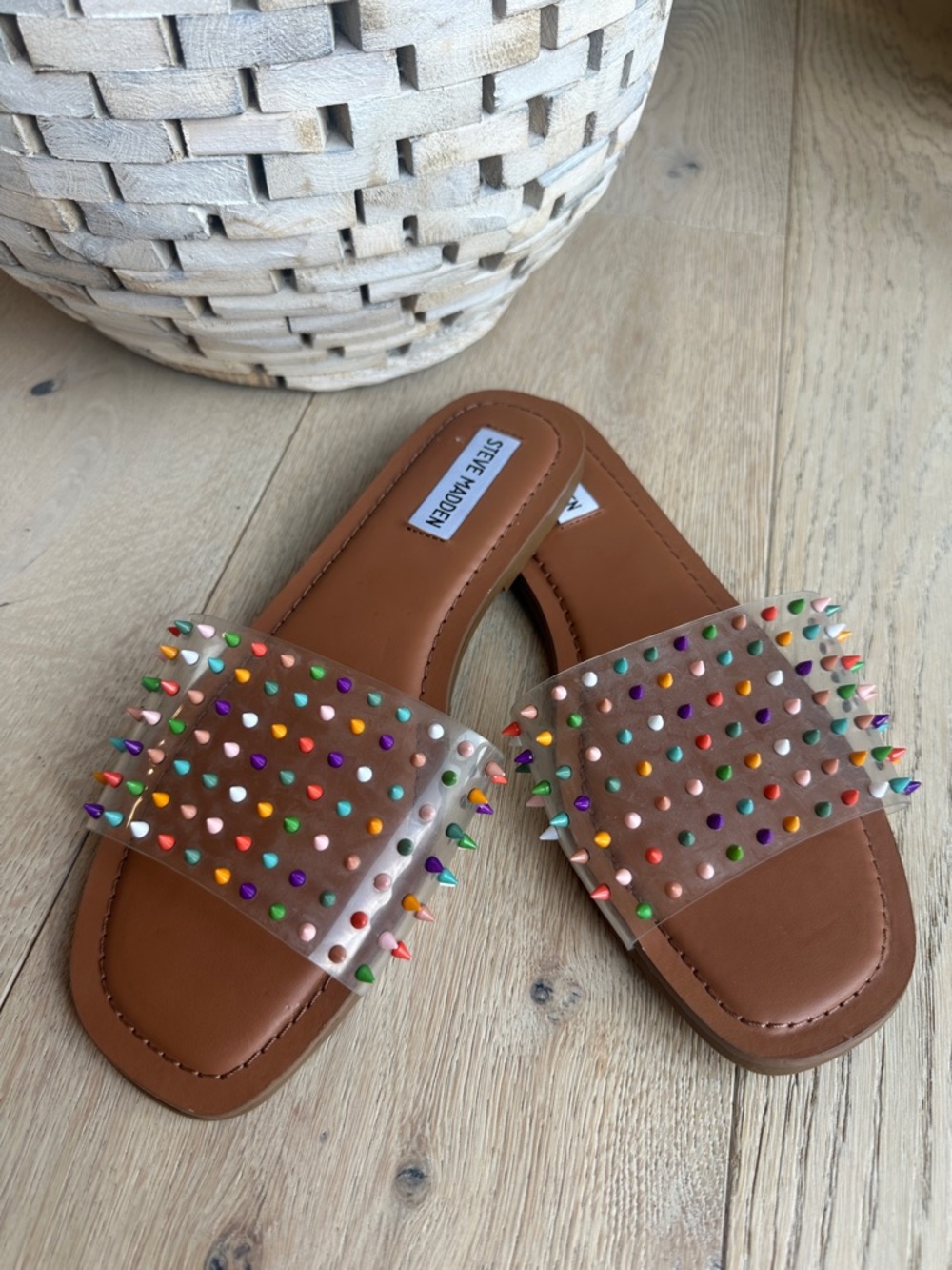 Steve Madden Clear Slide Sandals with Brown Footbed and Multicolor Studs